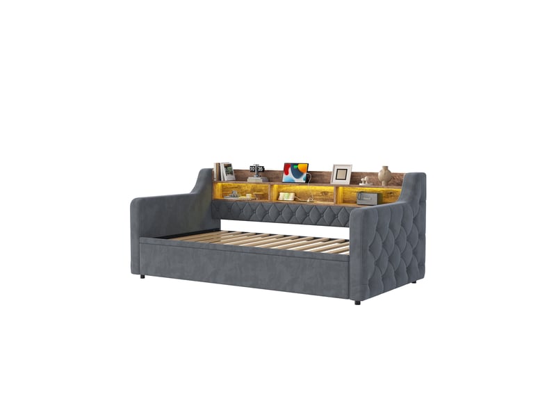 Sofa-lit en velours gris foncé 90 x 190 cm - Conforama E
