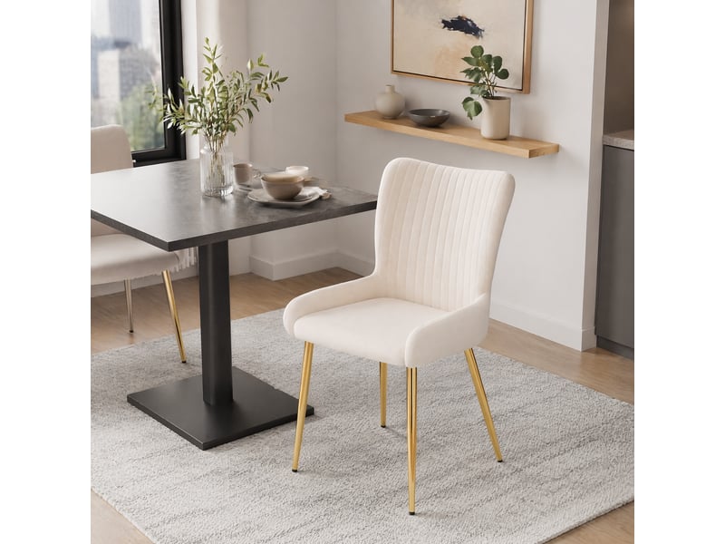  Chaise de salle à manger lot de 6 avec dossier à soutien lombaire  - pieds métal, velours beige et or  - Conforama B