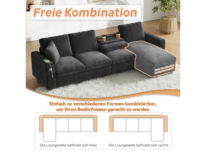 Canapé d'angle réversible, gris en tissu chenille canapé 4 places, avec rangement et table rabattable pour salon moderne, 280x137x84 cm  - Conforama E