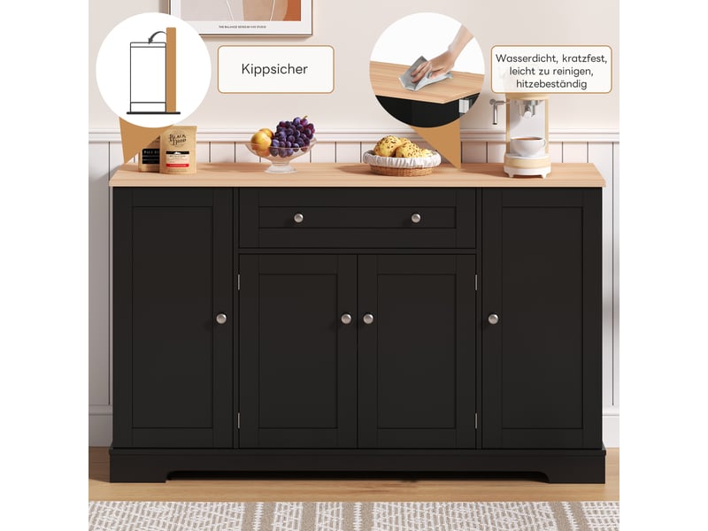 Buffet large 138 cm - meuble bas noir avec grand tiroir central et portes latérales, idéal salon et cuisine moderne - Conforama W