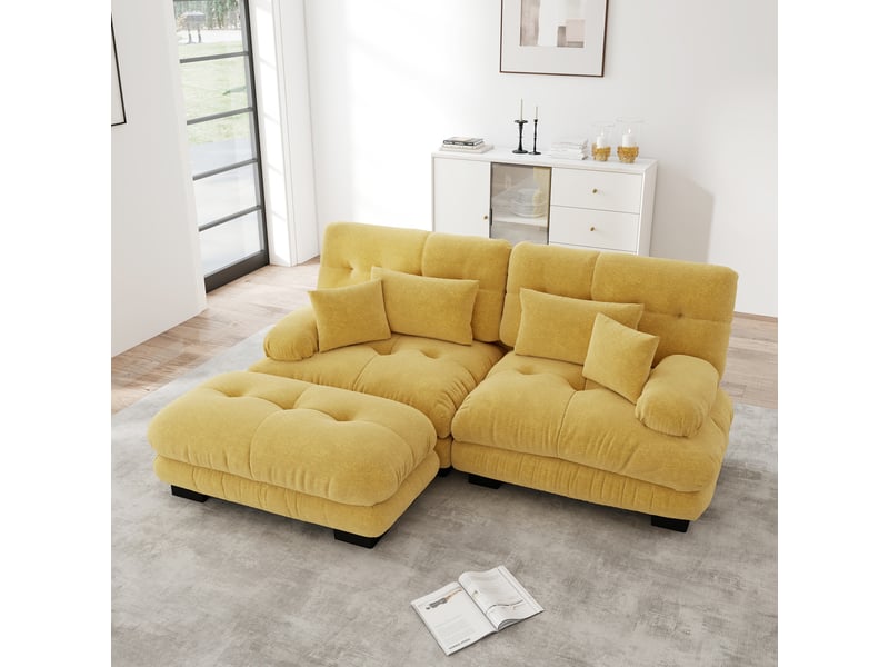  Canapé modulaire avec ottoman, assise profonde et coussins lombaires, configuration droite ou d’angle, en chenille jaune  - Conforama B