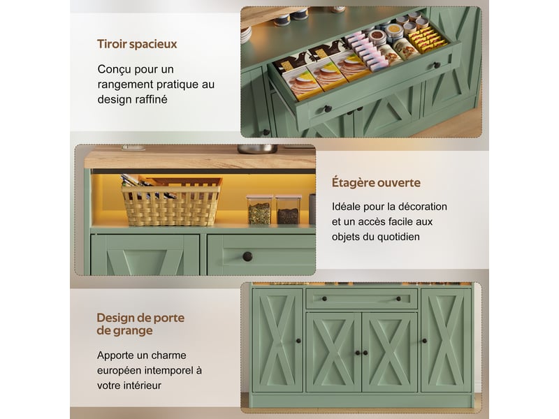  Meuble de cuisine muvano vert, buffet avec quatre portes, tiroir et led rgb, 140 × 35 × 95 cm  - Conforama R