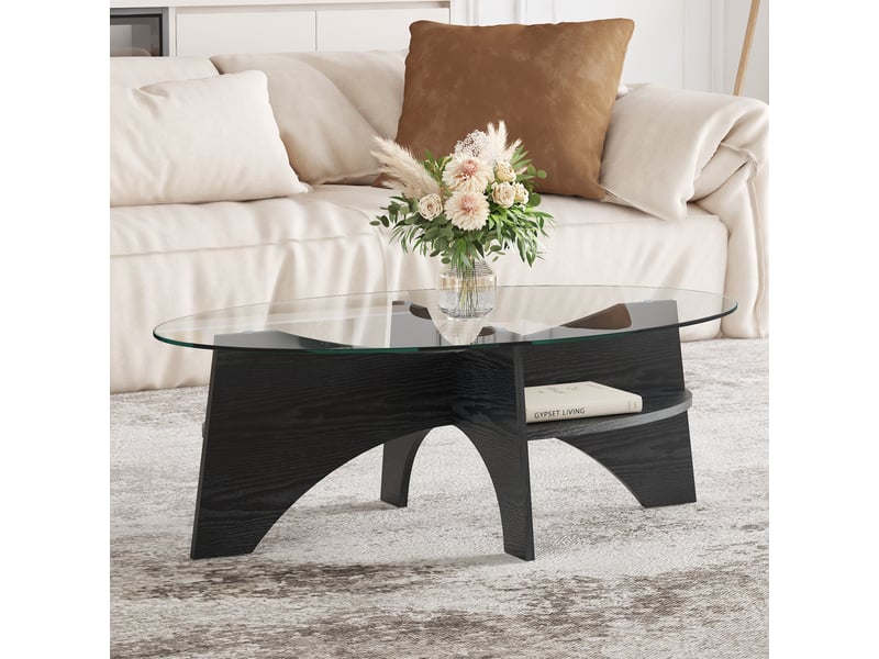  Table d'appoint ovale moderne en verre trempé 104,9 x 60 x 35,6 cm - piétement éventail mdf noir  - Conforama C