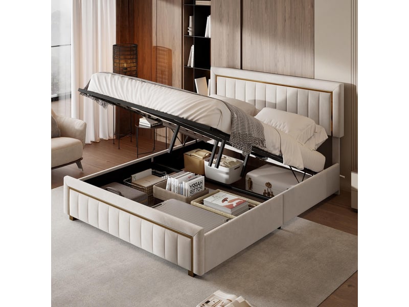  Lit coffre 180x200cm - lit double 180x200 - avec tête en velours, bordures dorées, style moderne chic - blanc crème  - Conforama B