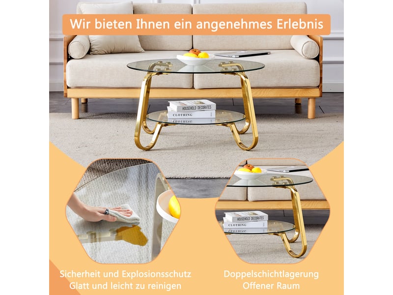  Table basse 80 x 80 x 45 cm, double plateau verre trempé, design fonctionnel, grand confort, rangement pratique pour salon - doré  - Conforama E