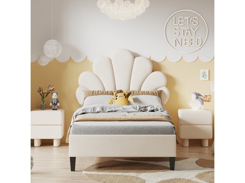  Lit rembourré 90x200cm cadre de lit simple avec tête de lit en forme de fleur et sommier à lattes lit enfant pour adolescente beige velours  - Conforama R