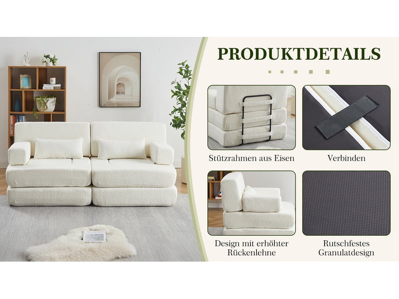 Canapé-lit modulable 2 places en chenille – beige – convertible 2-en-1, dossier haut et structure en métal - Conforama B