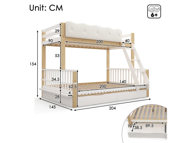 Lit superposé 90x200 et 140x200 avec barrière nuage, lit familial en bois pour enfants et adultes, tiroirs et porte-revues, blanc et chêne - Conforama C