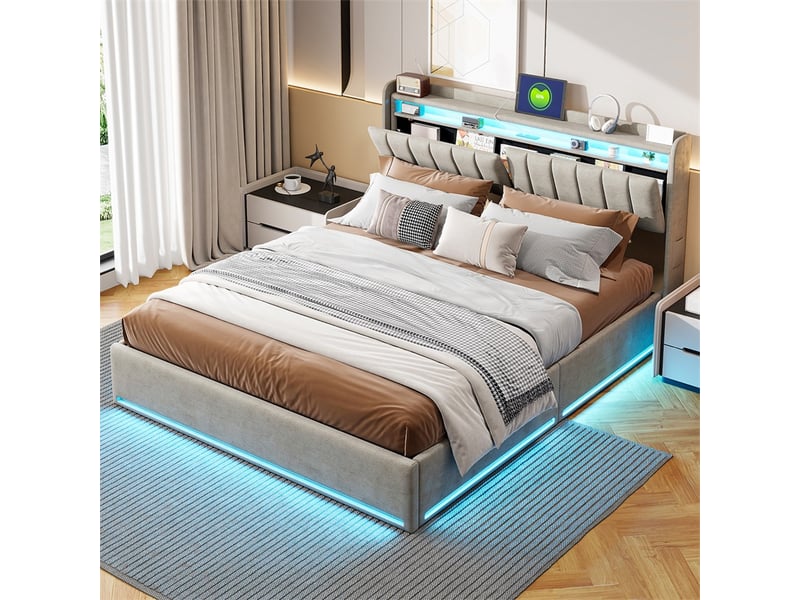  Lit 140x190cm - lit coffre 140x190cm - lit hydraulique avec tête de lit à rangement, led rgb, ports usb et type-c - velours gris  - Conforama D