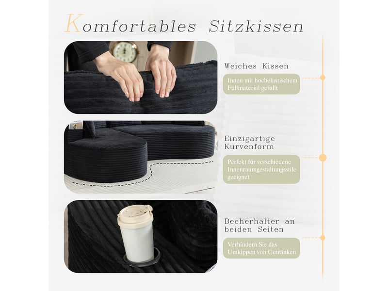  Canapé de salon, canapé velours – mousse haute densité, coussins inclus, en velours tricoté, porte-gobelets  - Conforama E