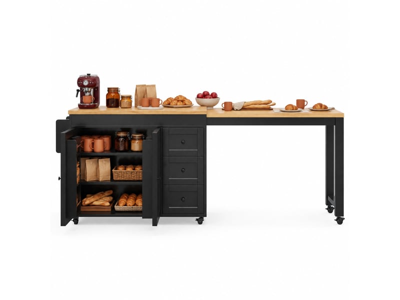  Îlot de cuisine extensible avec rangement et roulettes - lpospi - 3 tiroirs mdf métal noir 116–179,5 × 45 × 89 cm  - Conforama A