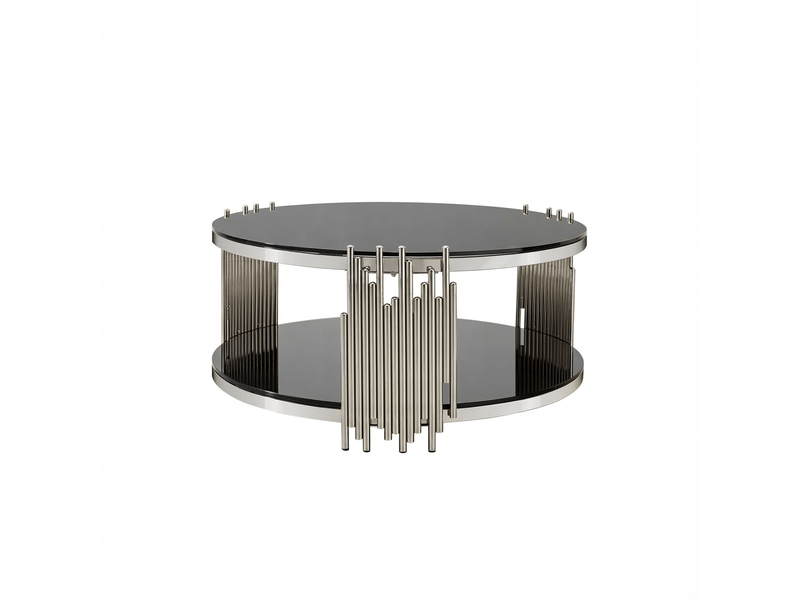  Table basse ronde double plateau en verre noir – ø80 x h45 cm – cadre inox argenté  - Conforama A