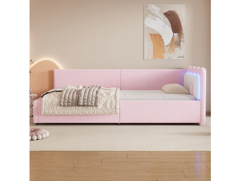  Lit banquette enfant 90x200 cm en velours rose avec led réglable et sommier à lattes  - Conforama D