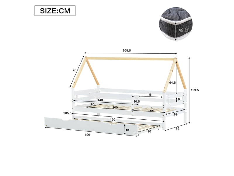  Lit cabane enfant 90x200 cm avec lit gigogne 90x190 cm à roulettes, blanc naturel  - Conforama C