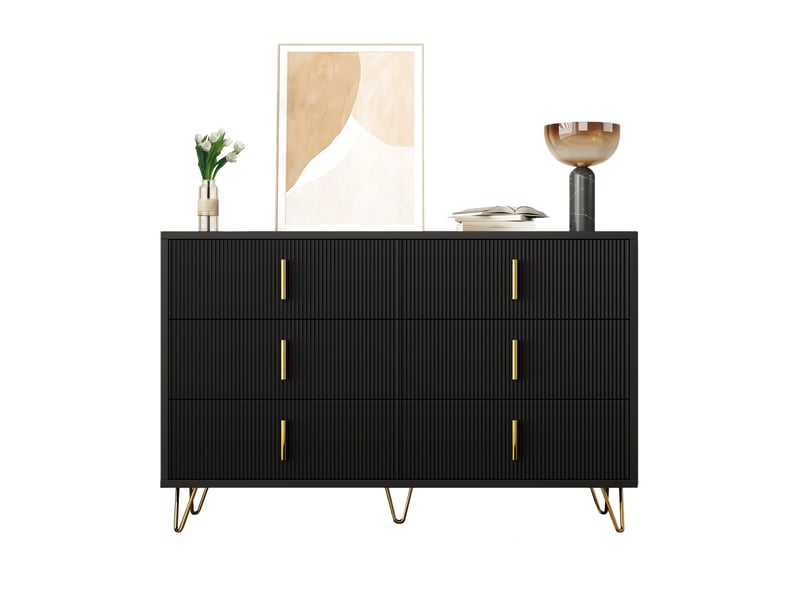  Commode buffet en panneaux de particules avec 6 tiroirs et poignées dorées,noir commode noir - Conforama A