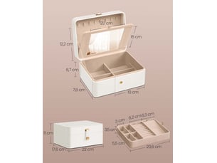Boîte à bijoux de voyage avec miroir 17,6 x 22 x 11 cm pratique rangement 2 niveaux style moderne en mdf blanc 12_0012888