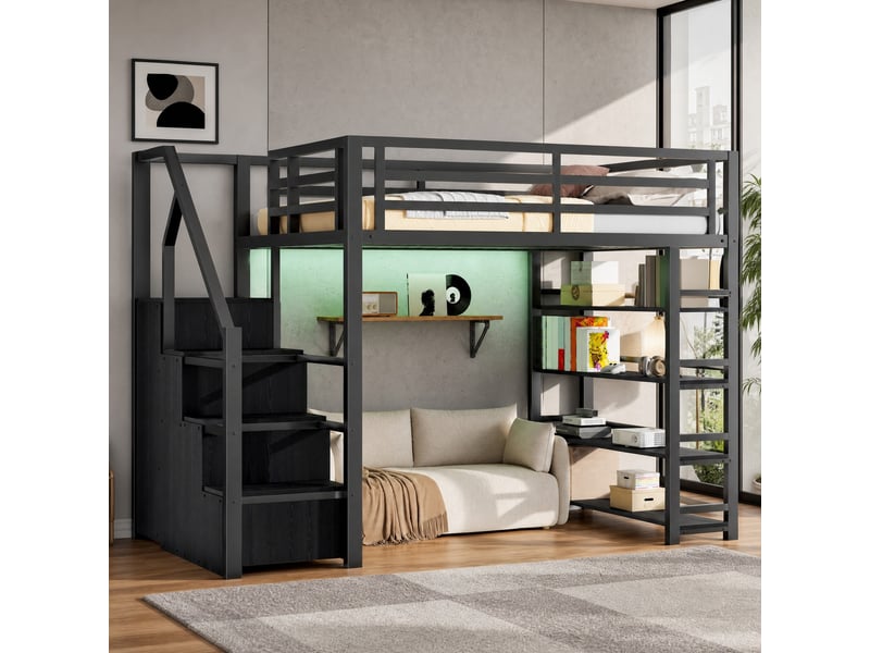  Lit mezzanine 140x200 cm noir avec rangements, armoire et éclairage led  - Conforama B