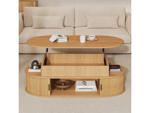 Table basse relevable ovale 100x50x40 cm - plateau hydraulique jusqu’à 55 cm, niches et portes coulissantes - mdf - bois naturel