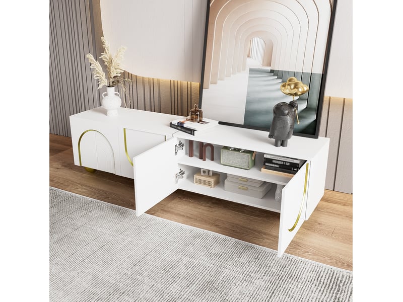  Meuble tv 170 cm blanc et doré, 4 portes, pieds dorés, ouverture push-open  - Conforama E