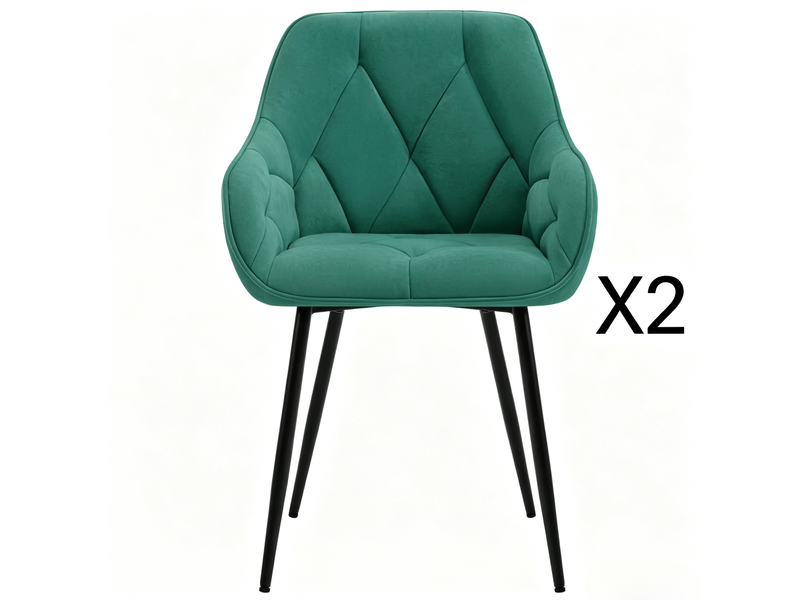 Chaise de salle à manger, lot de 2 avec dossier ergonomique, accoudoirs et patins réglables en velours turquoise - Conforama A