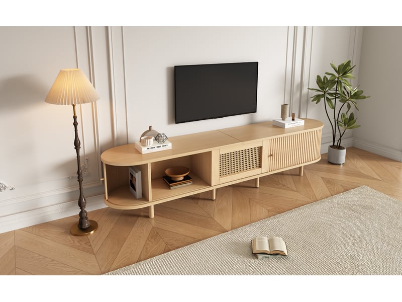  Meuble tv 180 cm pour écran jusqu'à 75 pouces, 2 portes coulissantes, tiroir rotin, bois clair  - Conforama C
