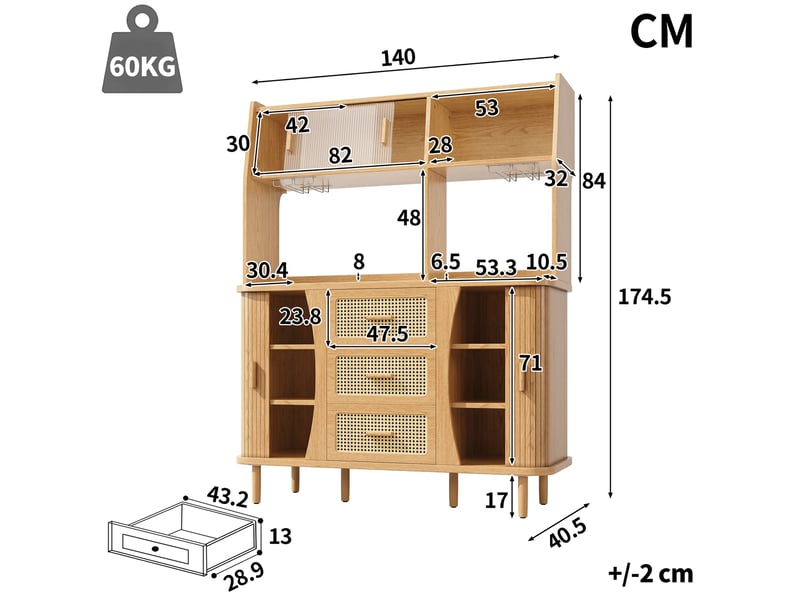  Buffet de cuisine haut 140 x 40,5 x 174,5 cm naturel, façade effet rotin, portes vitrées coulissantes, 3 tiroirs et porte-verres  - Conforama C