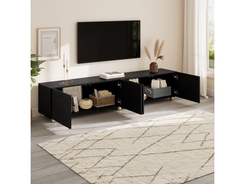  Meuble tv noir 180 cm avec 4 portes à relief 3d, meuble tv bas moderne avec pieds en métal pour salon, capacité 60 kg  - Conforama W
