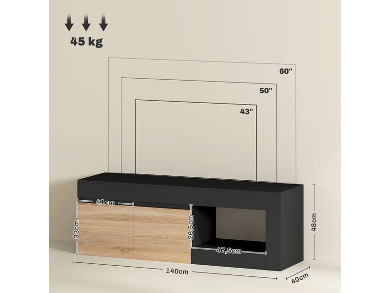  Meuble tv 2 portes pour téléviseurs jusqu'à 60 pouces, noir, meuble télé avec placard et étagère ouverte  - Conforama C