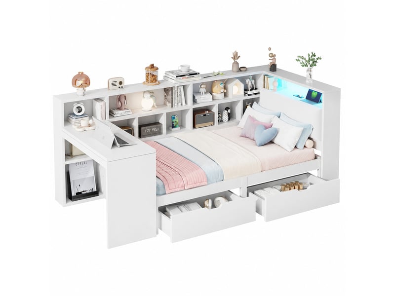  Lit combiné simple en mdf, avec bureau, rangements et led, 200×90 cm, blanc  - Conforama A