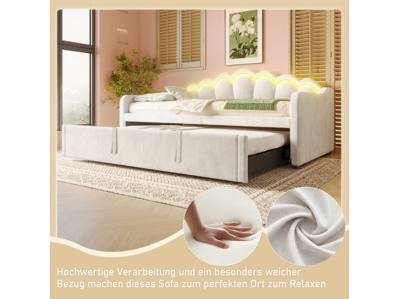  Lit de jour avec lit gigogne 90x200 à 180x200 cm, canapé lit en velours beige, bande led, tête de lit ondulée  - Conforama D