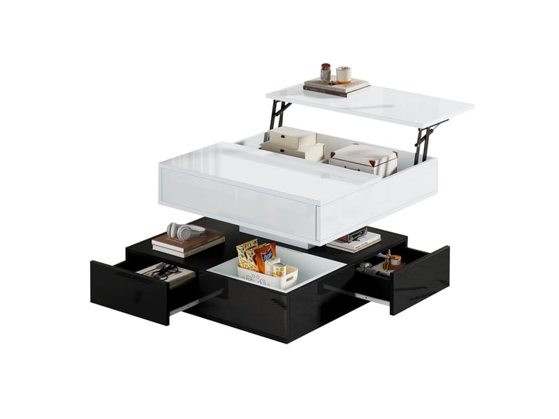  Table basse 70x70x40-55 cm relevable avec plateau rotatif 360°, 3 tiroirs, salon, panneau de particules, blanc et noir  - Conforama A
