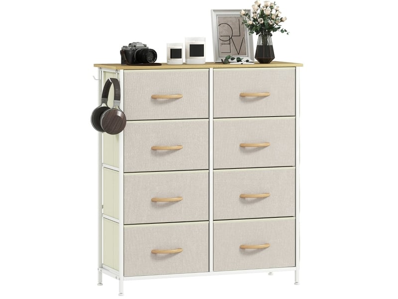  Commode de chambre beige à 8 tiroirs en tissu avec rangement latéral, 86 x 30 x 94,5 cm  - Conforama A