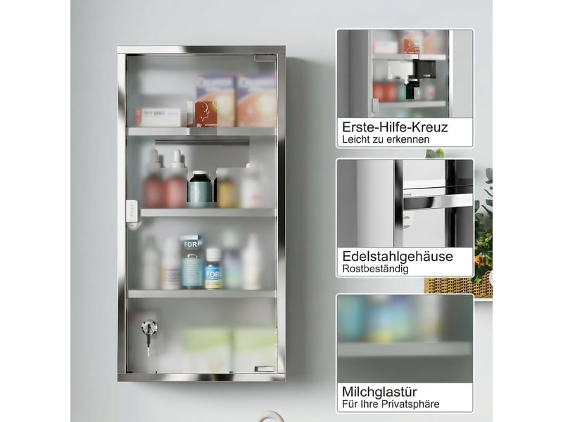  Armoire à pharmacie 3 étagères 4 niveaux 30l x 12l x 60h cm porte verre trempé symbole croix acier brossé inoxydable  - Conforama R