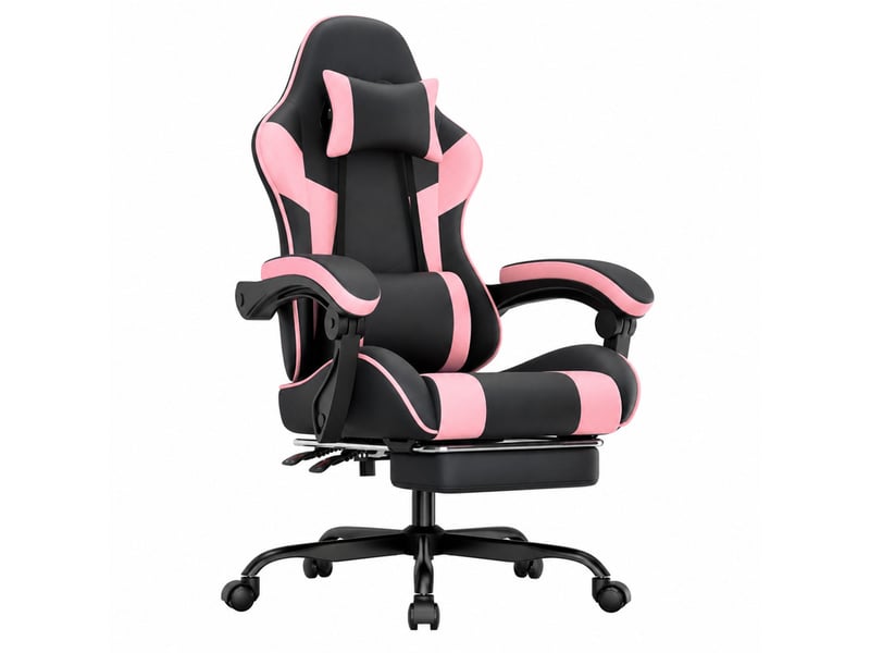  Chaise de gaming ergonomique 77x57x25 cm en pvc avec repose-pieds et dossier réglable rose et noir chicfurn  - Conforama A