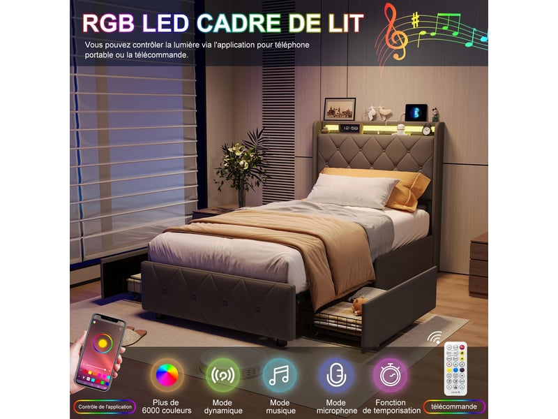  Lit simple rembourré 90x200 cm ,lit adulte avec led et 2 tiroirs ,ports usb ,tête de lit avec rangement ,velours ,gris  - Conforama E