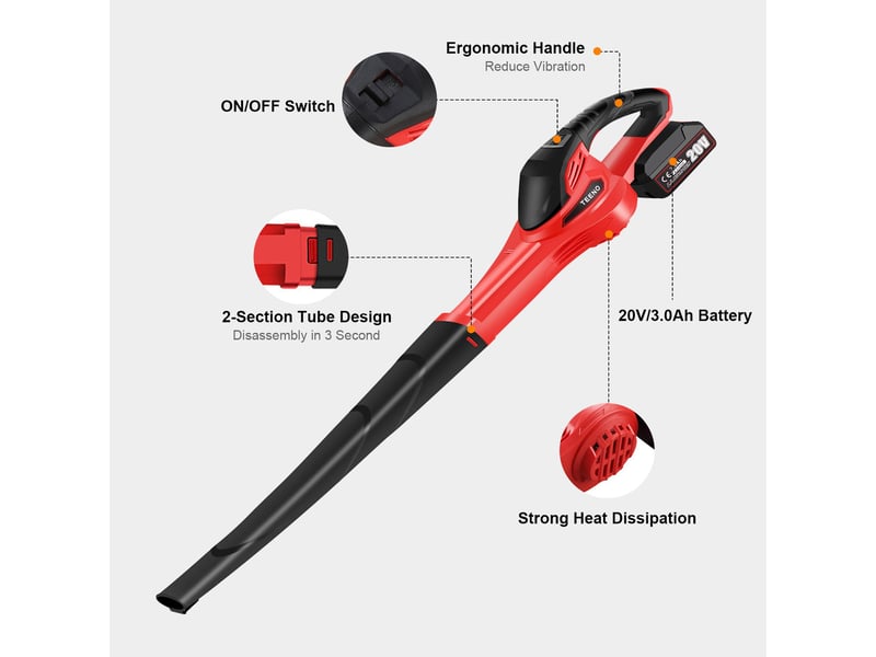  Souffleur à feuilles sans fil 21v, 4,0 ah, vitesse de rotation 15 000 trmin, chargeur rapide inclu  - Conforama D