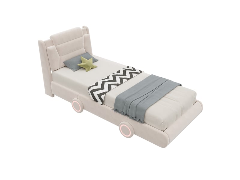 Lit enfant rembourré modenvie voiture 90 x 200 cm en flanelle crème avec tête de lit réglable - Conforama A