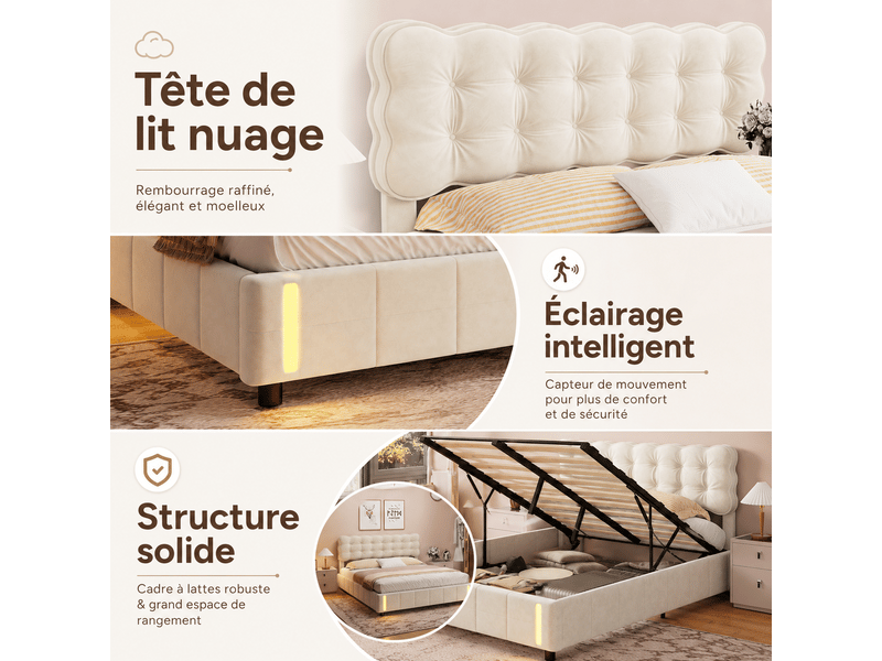  Lit 2 personne 140x190 cm avec éclairage led - lit coffre double avec rangement hydraulique - lit adulte capitonne avec sommier - tête de lit rembourré en velours, 2 places, beige - fonctionnel  - sans matelas - chambre adultead…  - Conforama B