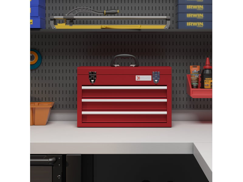  Coffre à outils vide 51 x 22 x 32 cm rouge en acier, 3 tiroirs et rangement supérieur verrouillable  - Conforama B