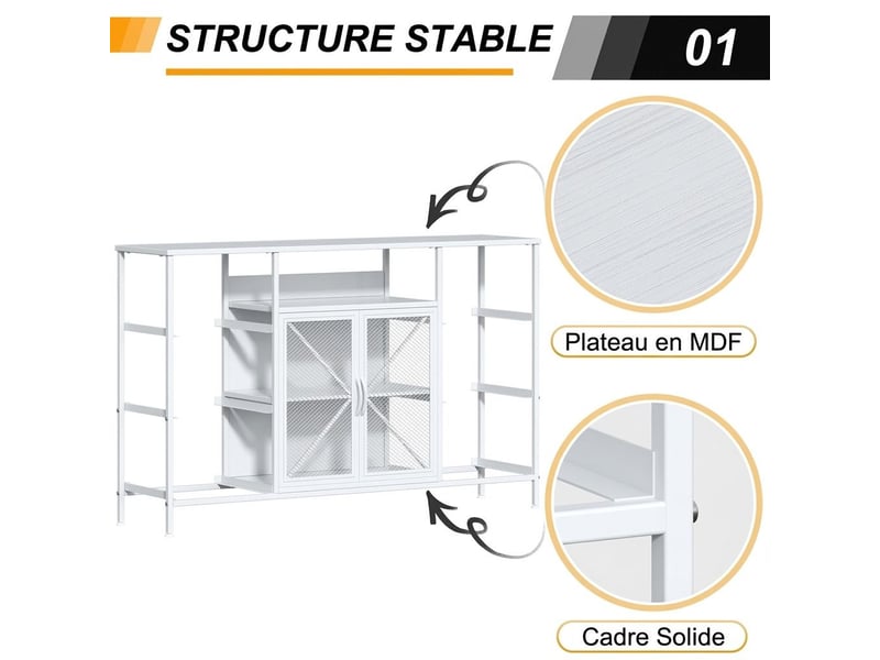  Meuble tv commode 120x30x75 cm six tiroirs tissu portes metal blanc moderne  - Conforama D