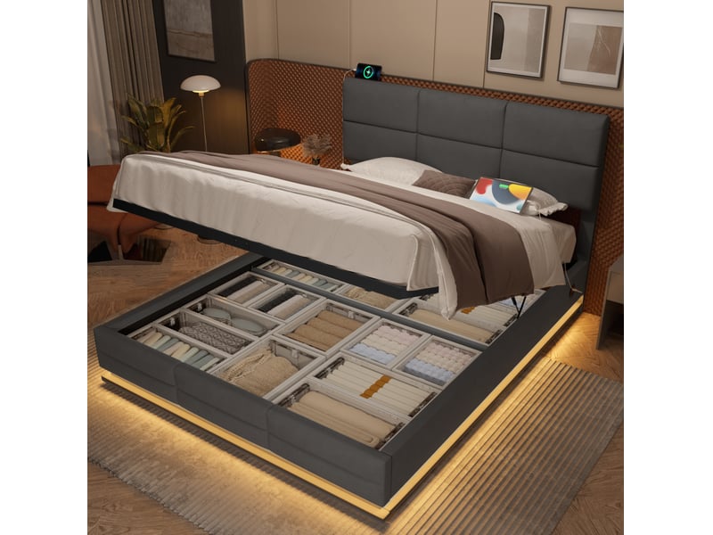  Lit coffre 180 x 200 cm en velours gris foncé avec led, usbtype-c et tête de lit réglable  - Conforama C