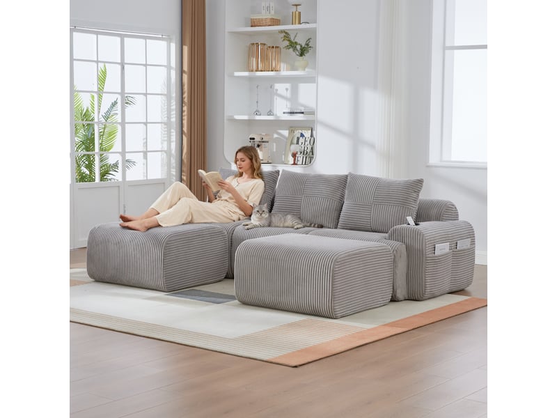  Canapé modulaire 3 places avec 2 poufs en velours côtelé gris clair  - Conforama D