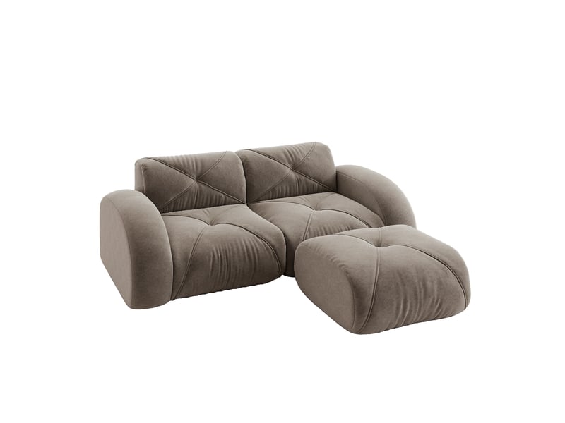  Canapé modulaire 2 places avec pouf, assise en mousse haute densité et revêtement en chenille taupe  - Conforama A
