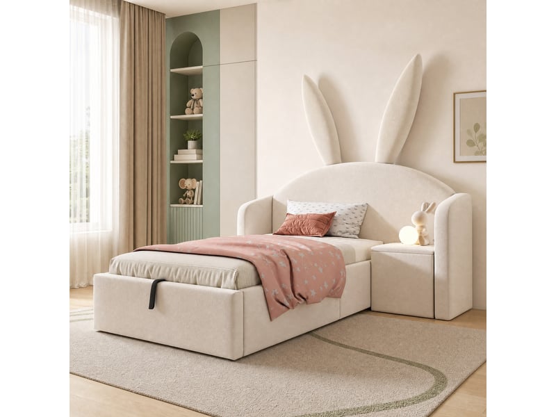  Lit enfant 90x200 cm coffre hydraulique avec table de chevet, en velours beige  - Conforama B