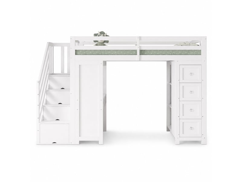  Lit mezzanine enfant, lit simple 90×200 cm, bureau, 6 tiroirs et étagères - okmyhome- blanc, sans matelas  - Conforama A