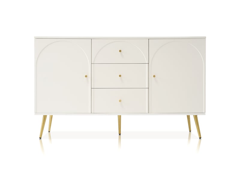 Buffet blanc 140x84x40 cm, meuble bas avec 2 portes latérales et 3 tiroirs centraux, idéal pour stockage salon et chambre - Conforama A