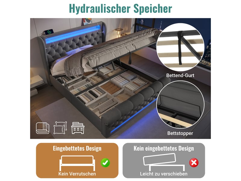  Lit rembourré 160x200 cm, lit coffre avec éclairage led et ports usb et type-c, gris, lit double avec espace de rangement  - Conforama D