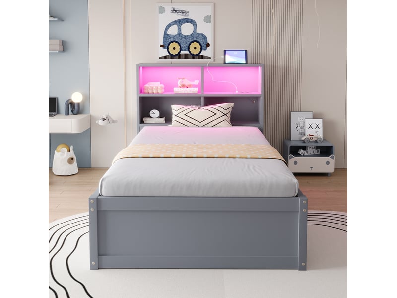  Lit multifonction 90x200 cm, bois, prises, rangements et bande éclairage led, gris, sans matelas  - Conforama E