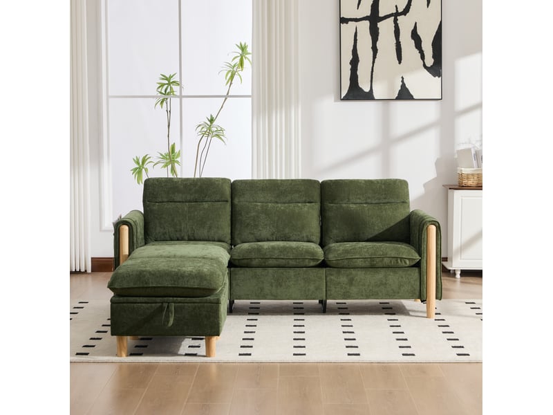  Canapé droit 3 pl 201x77x86 cm poches latérales et pieds en bois, coffre intégré, tissu chenille vert, pour le salon  - Conforama D