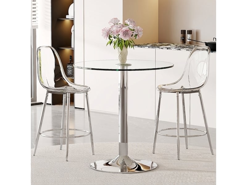  Ensemble table ronde ø89 cm et 2 tabourets transparents, verre et structure métal argenté  - Conforama B